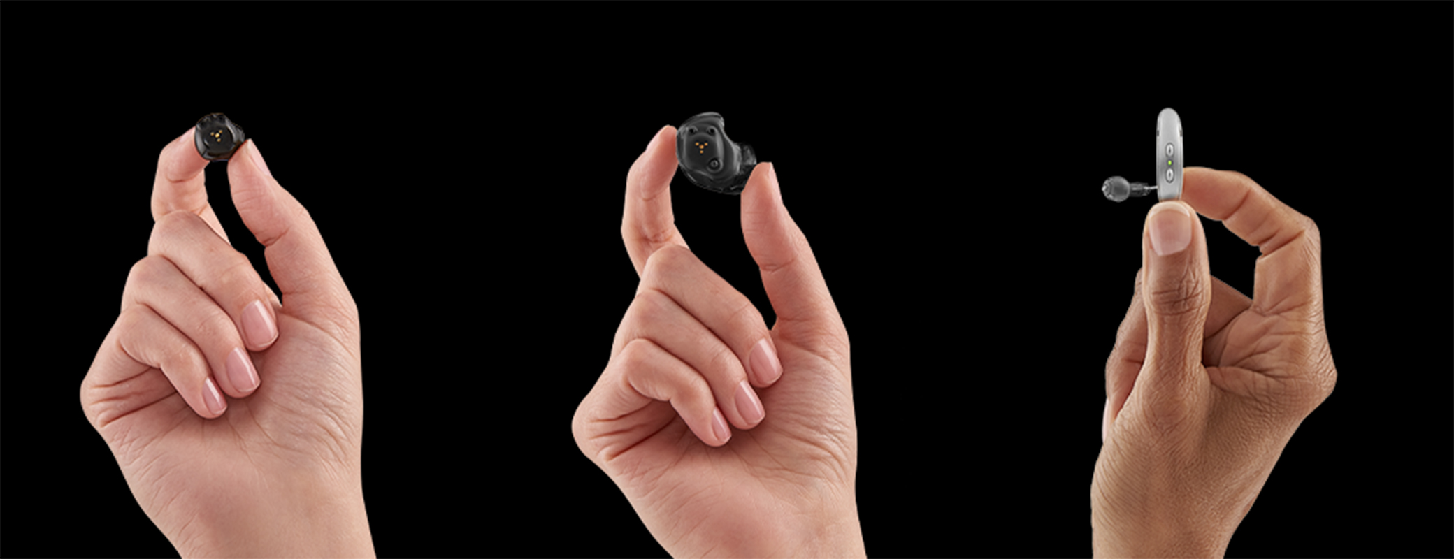 Image of three different hands showing the different styles of rechargeable hearing aids